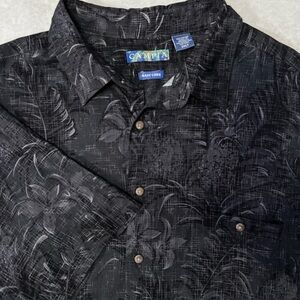 Campia Sport Camp Short Sleeve Shirt Aloha Tropical Frond Size 2XLT Black Rayon